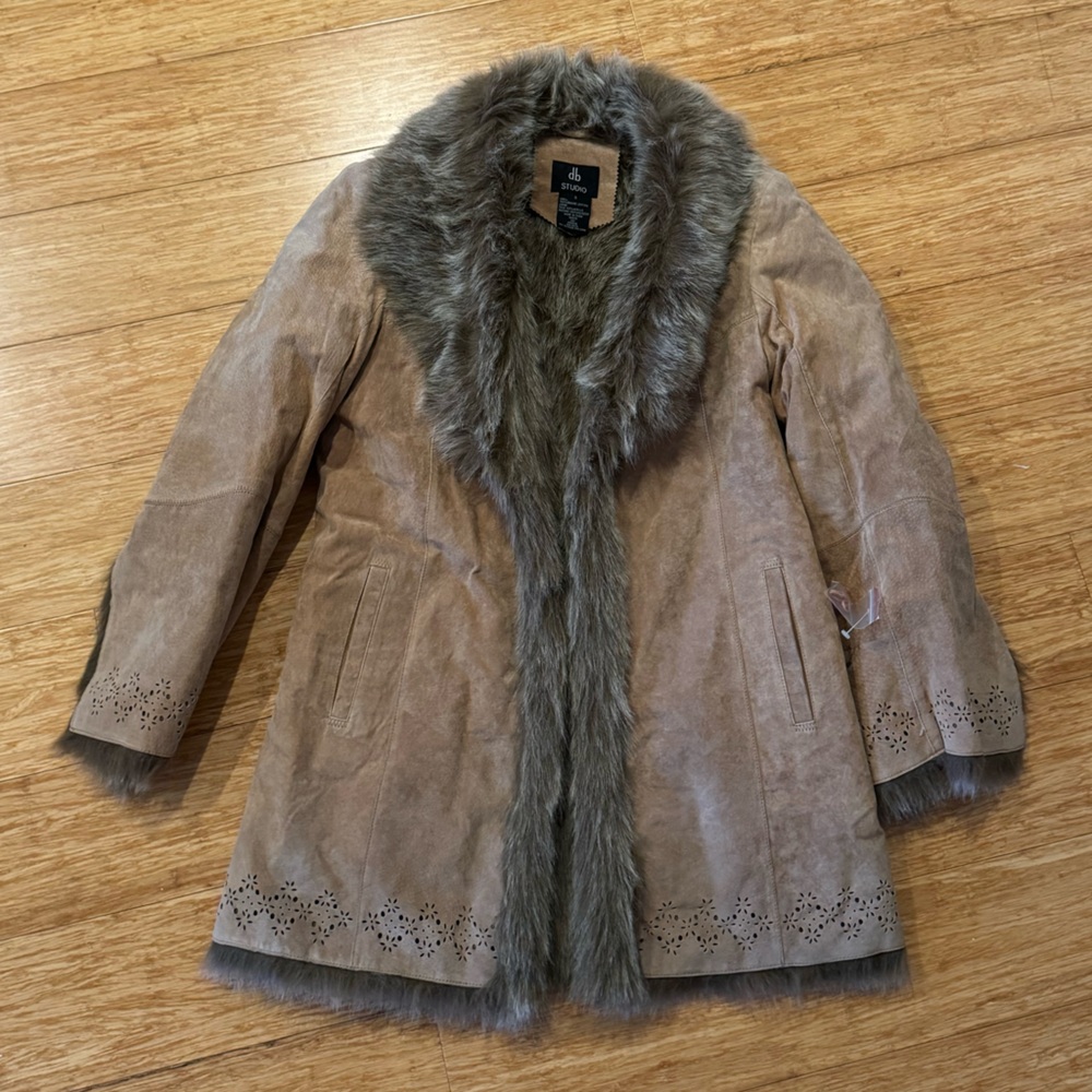 DB Studio brown suede leather penny lane coat with faux fur lining